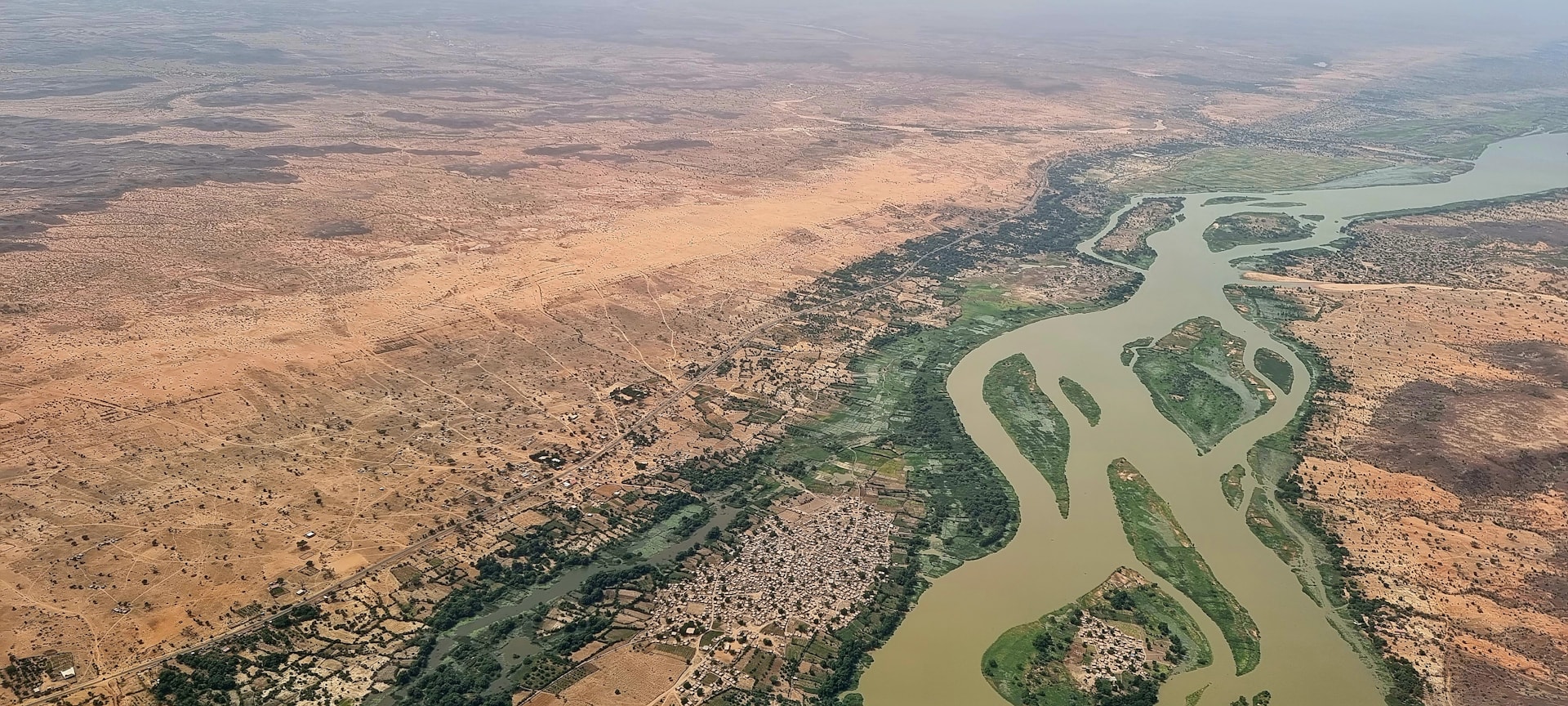 Aerial view of the Niger River and Sahel landscape near Niamey.