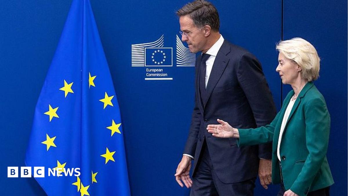 Image caption, Ursula von der Leyen and Mark Rutte accused Russia of becoming increasingly reckless in its attacks on Europe